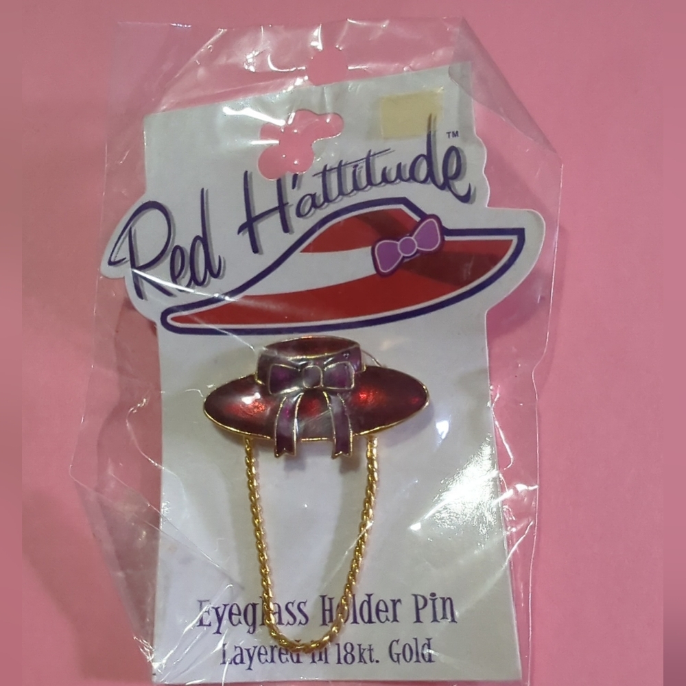 Red Hat Enamel Pin Layered In 18K Gold Eyeglass Holder Pin Vintage but New